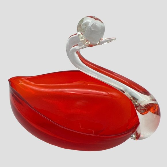 Vintage Art Glass Swan Trinket Dish Ruby Red & Clear 7.5" x 5" MCM - Picture 1 of 6